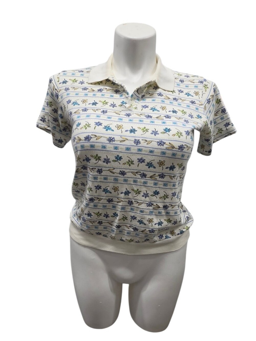 Classic Elements Petite Size S Cream Polo Shirt with Blue & Green Floral Stripes